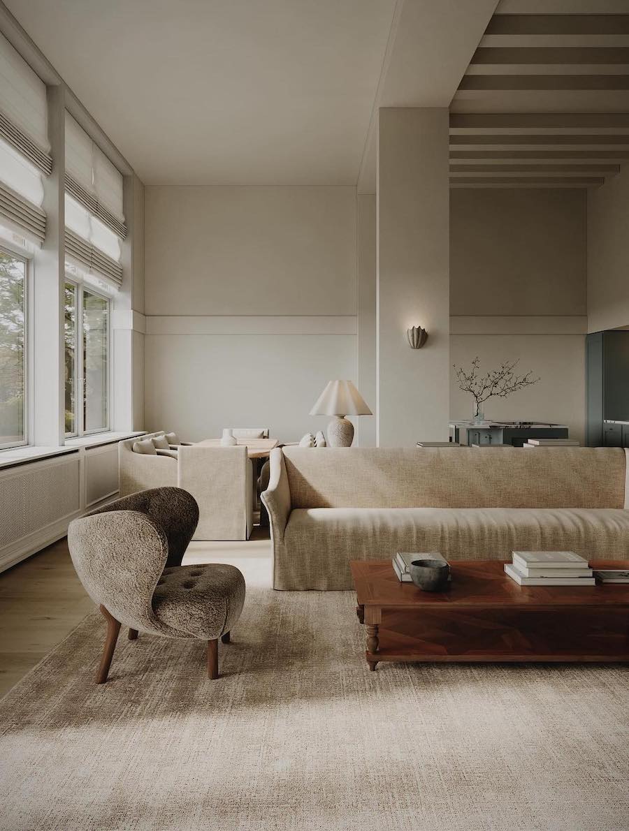 a minimalist japandi living room with warm neutrals