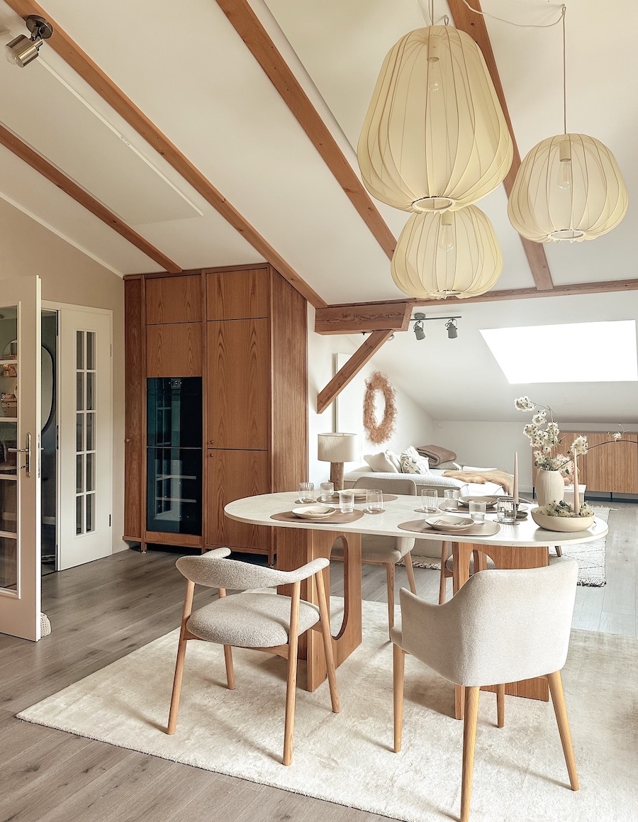 a dining room decorated in a japandi style