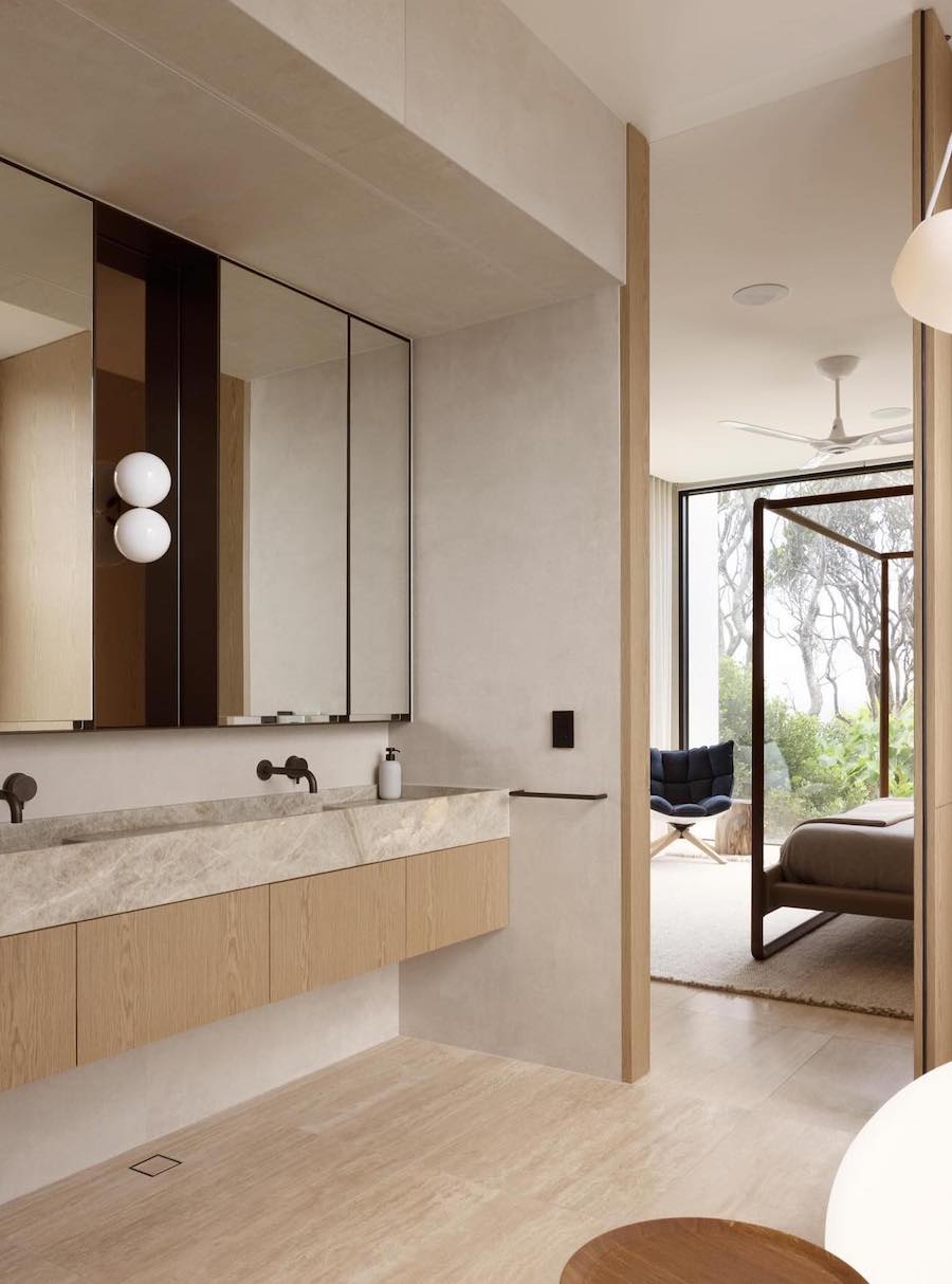 a bathroom and bedroom in japandi style