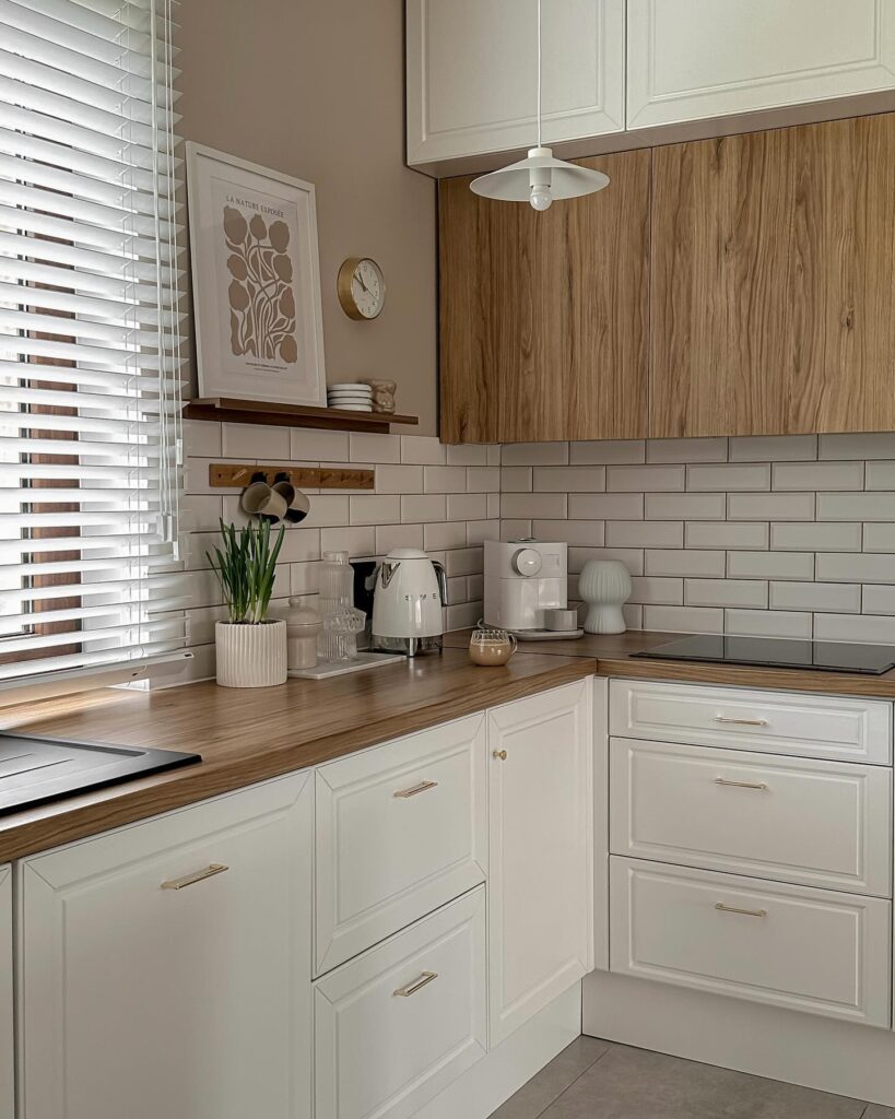 WOODEN COUNTERTOP AND WHITE CABINETS