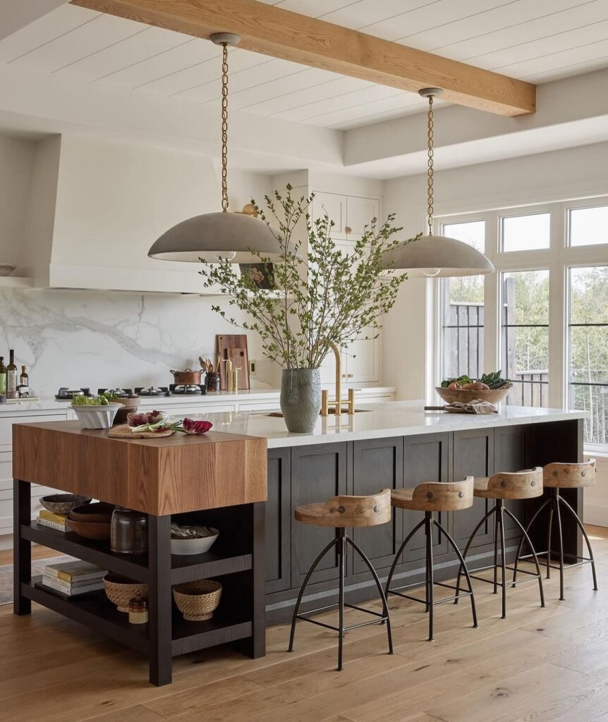 black kitchen island and white kitchen