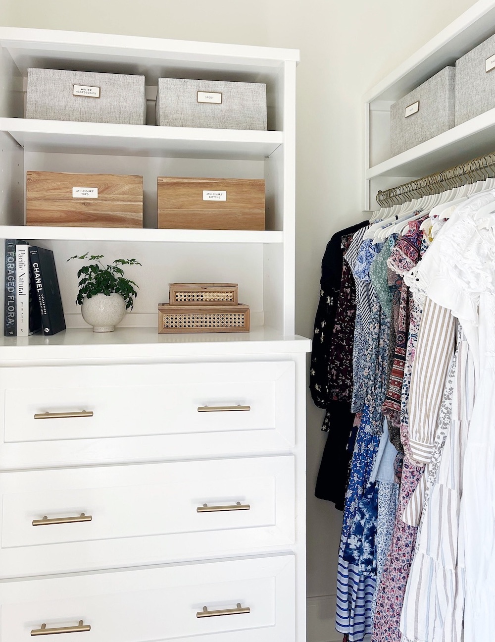 a closet with a tall dresser for extra storage