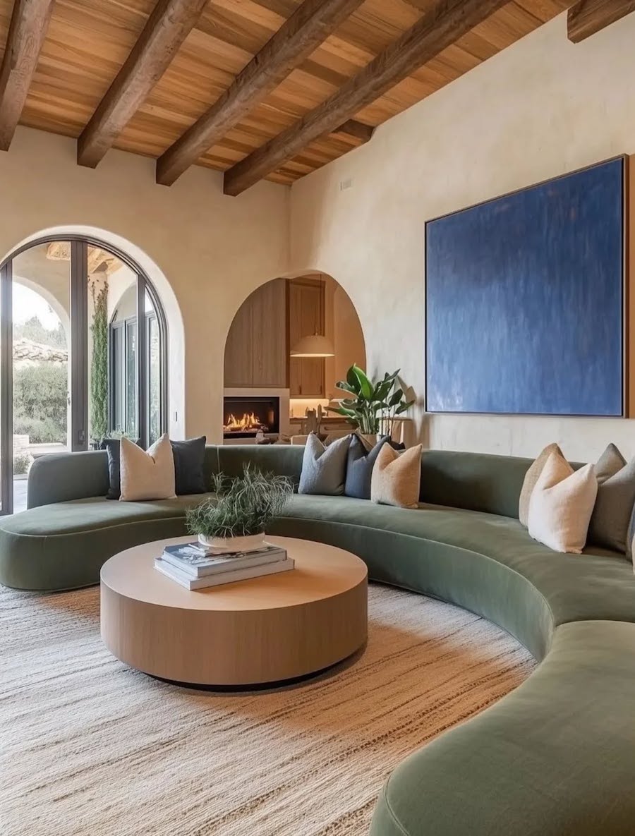 an earthy living room featuring earth tones and a retro design