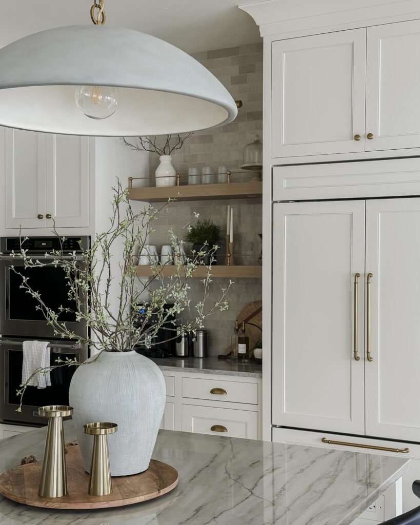 floating wooden shelves between cabinets