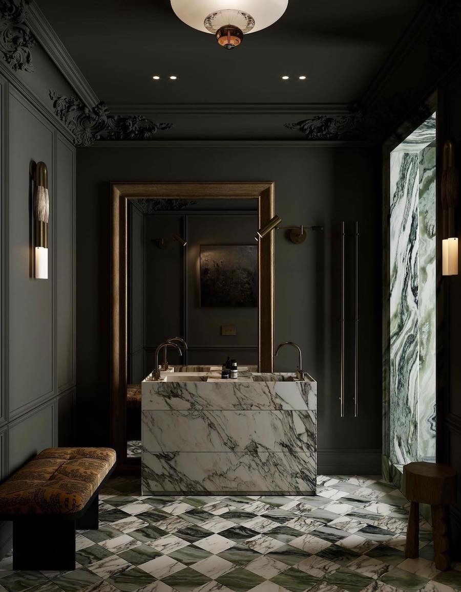 a black bathroom with moody decor