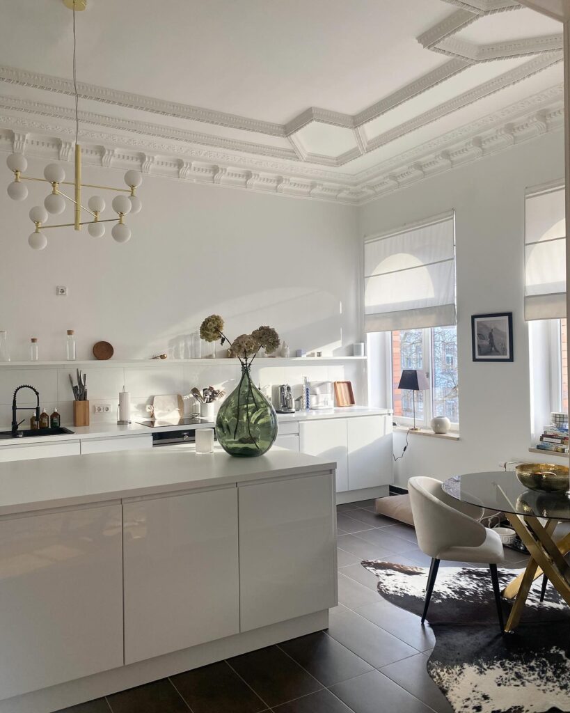 white kitchen with open shelving