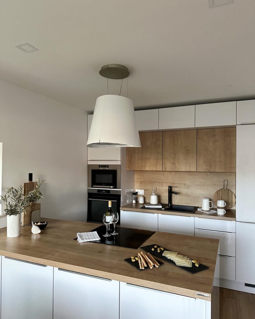 wooden cabinets and white cabinets