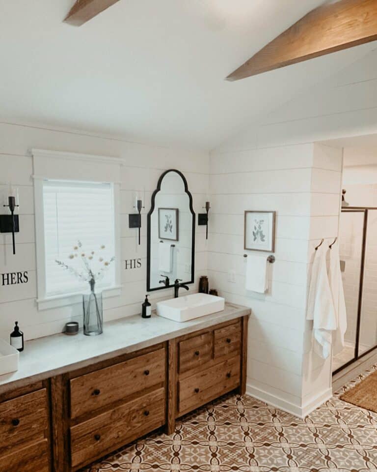 Rustic Bathroom with Geometric Tile Floors
