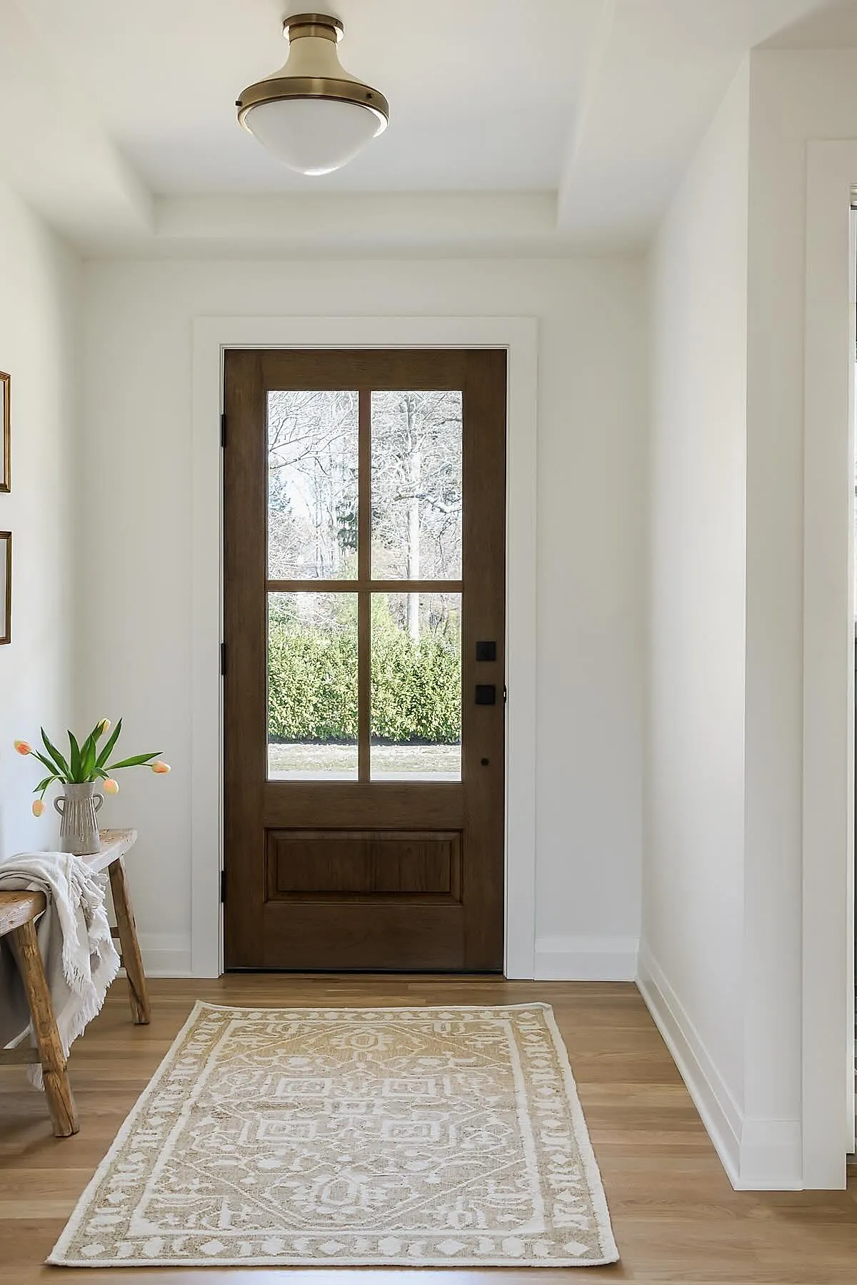 Entryway featuring a wooden bench, light patterned rug, decorative ceiling light, and framed art.